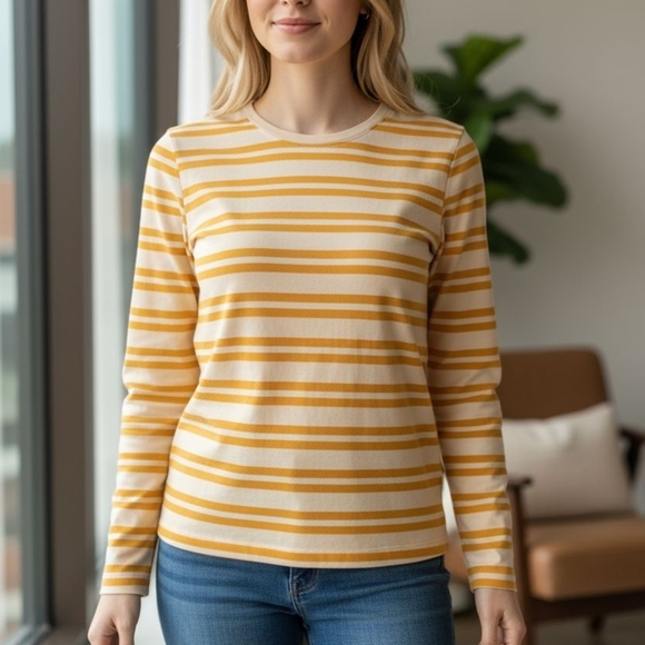 SALE EUC Womens Merona size XL long sleeve yellow and white striped T-shirt. - Picture 1 of 11